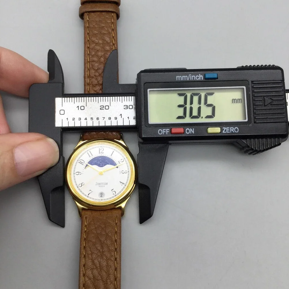 Vintage VEGA Junction Mens Watch 31mm Moon Phase Brown Leather Date New Battery